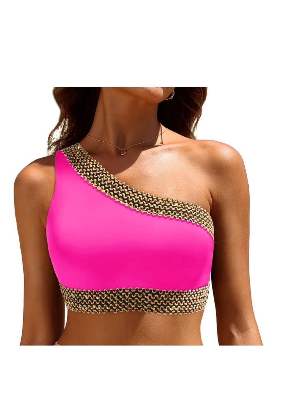 Pink and Gold One Shoulder Swimsuit Top Extra Large